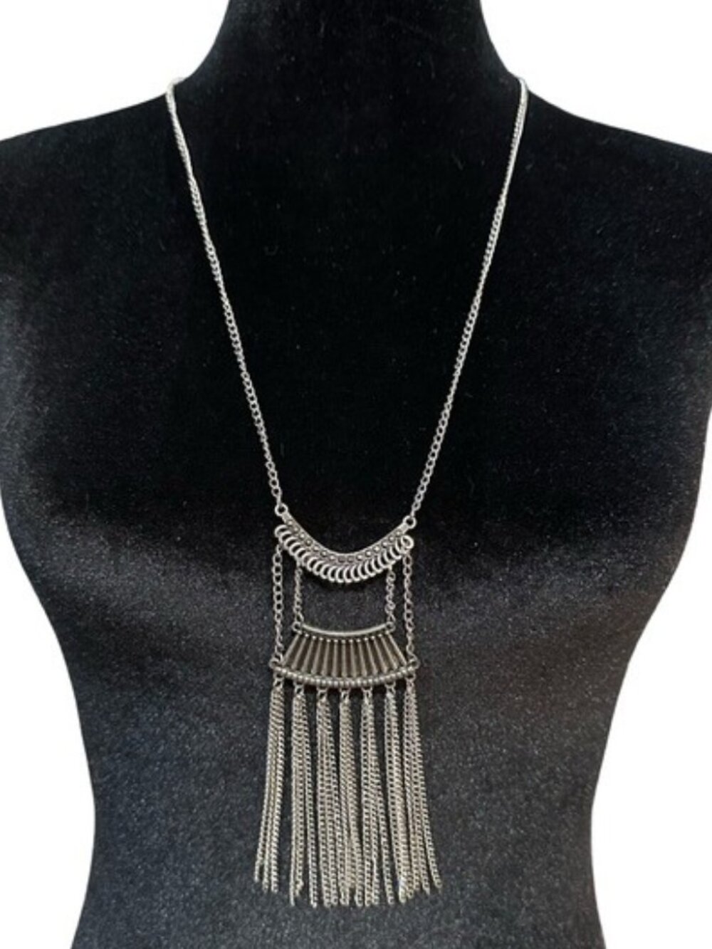 Long Length Necklace Chain Fringe Silver Tone 26 - 28 Inch Length Boho Style